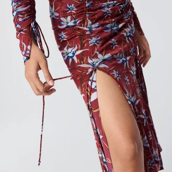 NWT DVF - Corinne Ruched Mesh Midi Dress in Harlow Small Wine - Picture 4 of 7